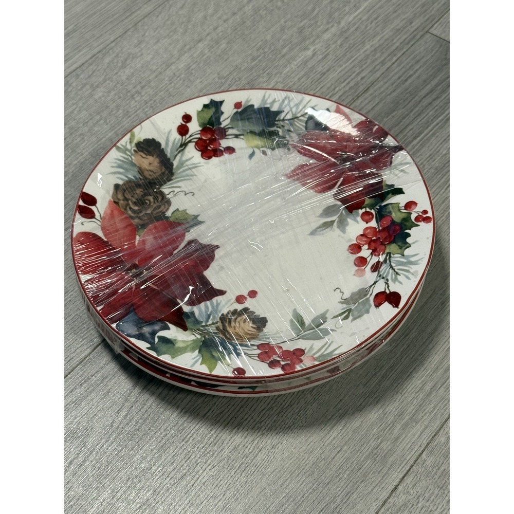 Pier 1 Berry Christmas Salad Plates 9" Discontinued Poinsettia Set Of 3 - Picture 5 of 9